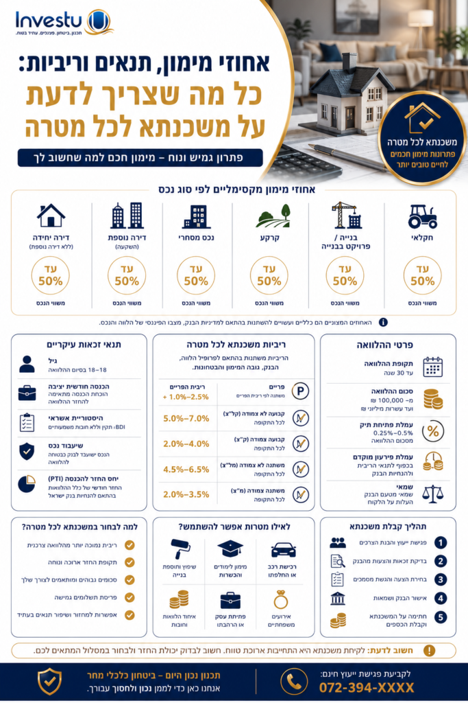 אחוזי מימון, תנאים וריביות כל מה שצריך לדעת על משכנתא לכל מטרה