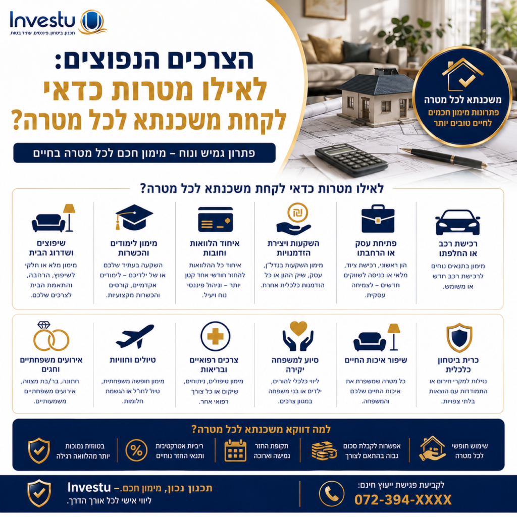 הצרכים הנפוצים לאילו מטרות כדאי לקחת משכנתא לכל מטרה