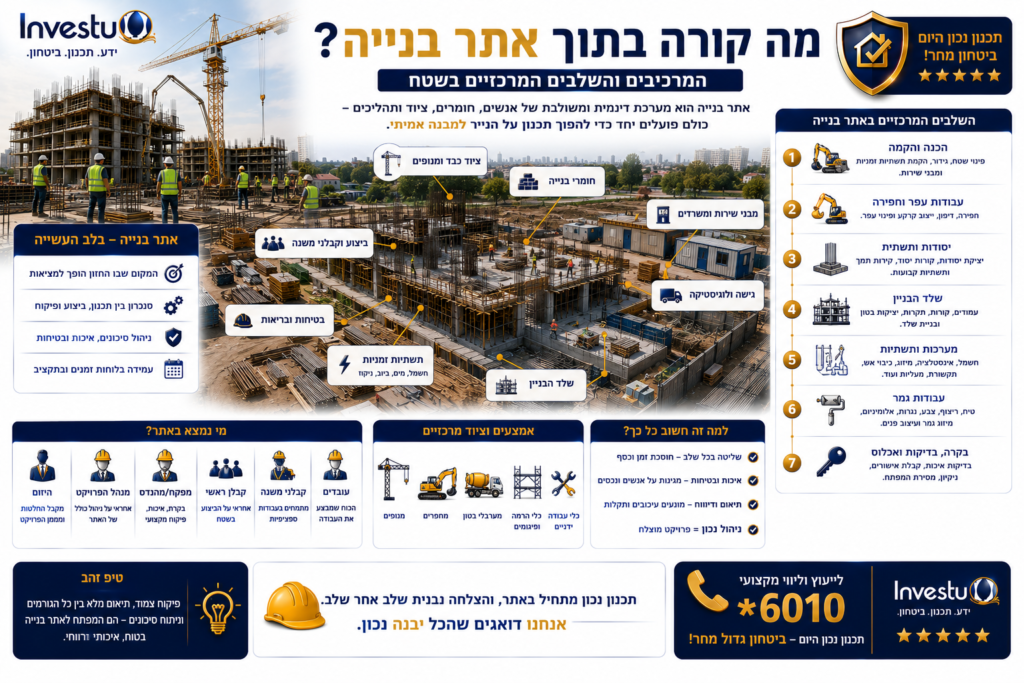 מה קורה בתוך אתר בנייה המרכיבים והשלבים המרכזיים בשטח
